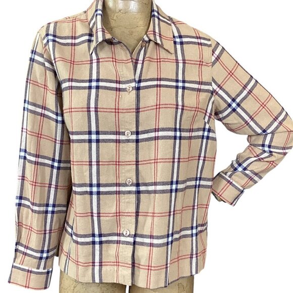 Classic Beige/Tan Plaid Flannel Button-Up Top Sz PM Cotton #319B - Picture 2 of 7